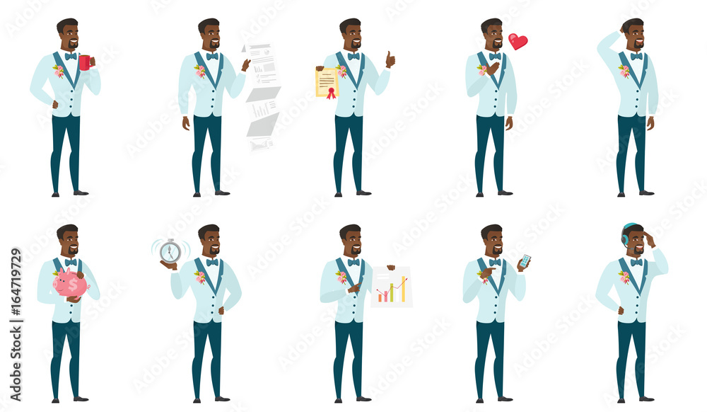 Vector set of illustrations with groom character.