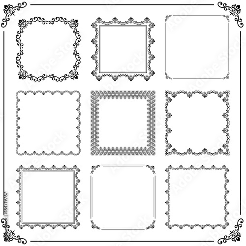 Vintage set of vector elements. Different square elements for decoration and design frames, cards, menus, backgrounds and monograms. Classic black and white patterns. Set of vintage patterns