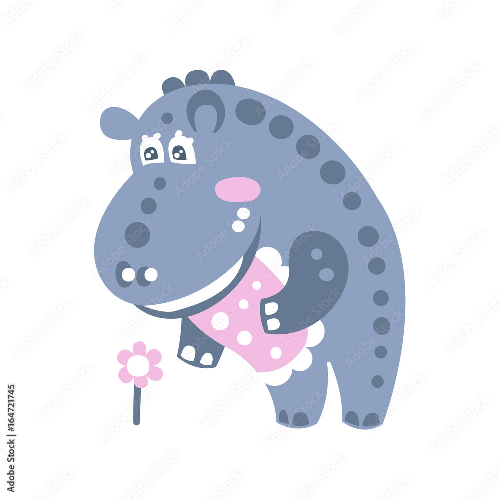 Obraz premium Cute cartoon Hippo character standing and looking at flower vector Illustration