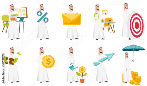 Muslim businessman vector illustrations set.