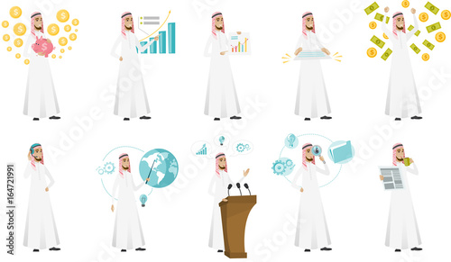 Muslim businessman vector illustrations set.