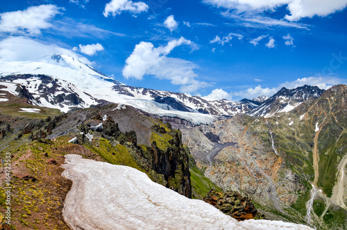 A beautiful mountain landscape. View of the highest peak of Europe - Mount Elbrus and the Glacier Gara Bashi