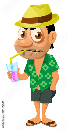 Funny man on the beach with cocktail. Cartoon styled vector illustration. Elements is grouped. Isolated on white. No transparent objects.