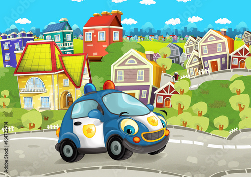 Cartoon police car smiling and driving through the city - illustration for children © honeyflavour