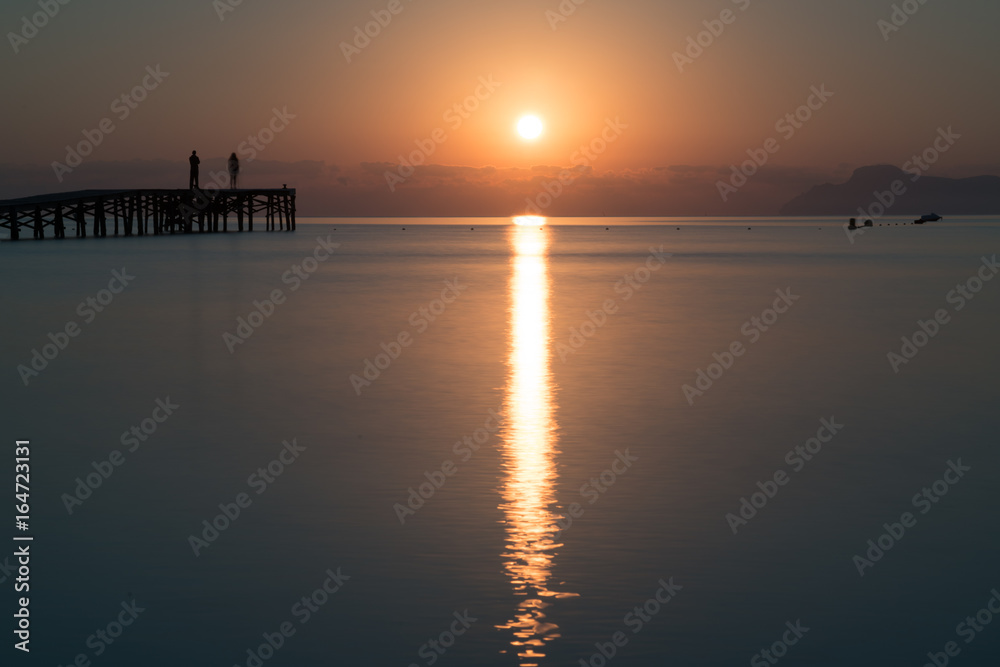 Panorama of sunset or sunrise on the calm sea