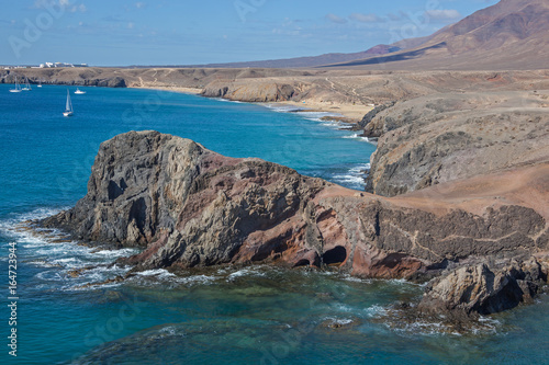 Gorgeous view of the sea bay and sandy Papagayo beaches of Lanzarote island, Canary Islands, Spain