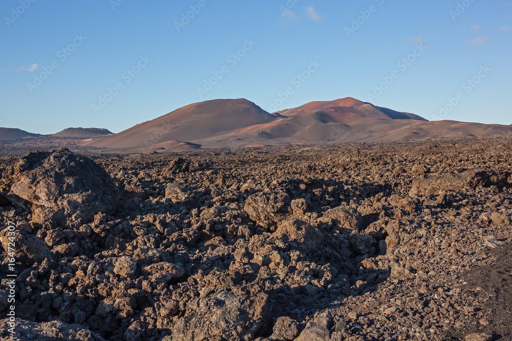 Amazing volcanic landscape in the Timanfaya national park on Lanzarote island, Canary Islands, Spain