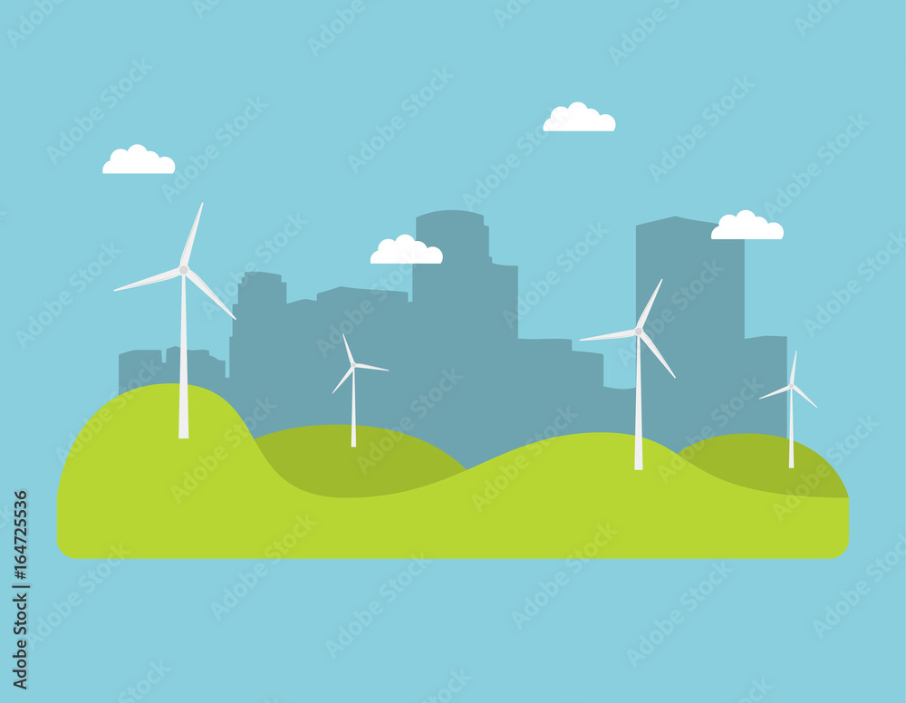 Winds generators a vector an illustration in flat style.Element of design of infographics. alternative power engineering energy technology.Green electric technologies.