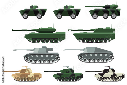 Big set a vector in flat style of military heavy machinery. Tanks in a desert, Arctic and summer camouflage. Tanks of World War II. Modern Armoured personnel carriers.