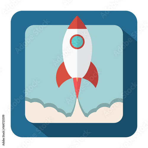The flying-up starting rocket with fire and smoke in flat style.concept for infographics and design