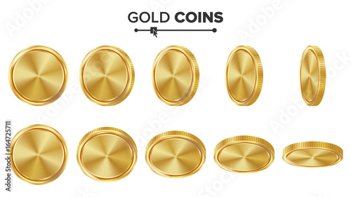 Empty Gold Coins Vector Set. Realistic Template Illustration. Flip Different Angles. Blank Money Front Side. Investment Concept. Finance Coin Icon, Sign, Success Banking Cash Symbol. Currency Isolated