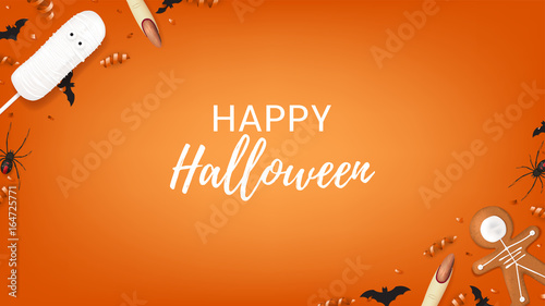 Halloween web banner with sweets. Top view on spiders, paper bats and confetti on orange backdrop. Vector illustration with cookies in form of skeleton gingerbread man. Cream cake in form of mummy.