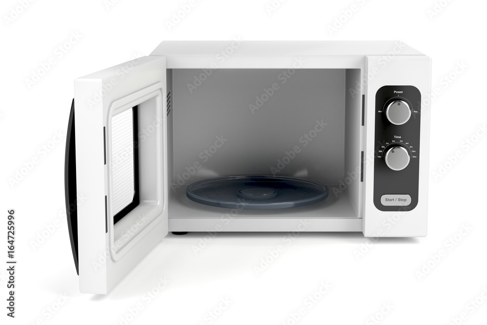Obraz premium Microwave oven with open door on white background