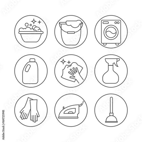Cleaning, wash line icons. Washing machine, sponge, mop, iron, vacuum cleaner, shovel and other clining icon. Order in the house thin linear signs for cleaning service.