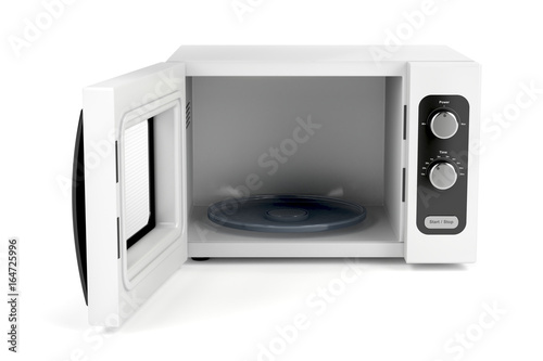 Microwave oven with open door on white background
