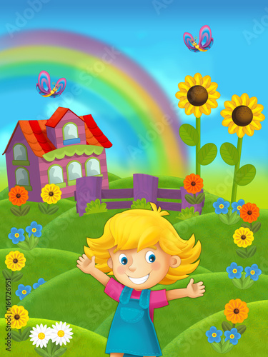 cartoon scene of girl on the farm with house in the background - standing and smiling / illustration for children