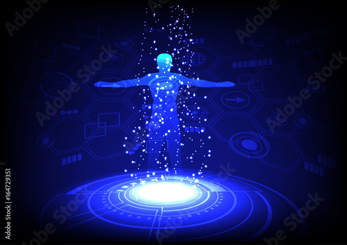 Blue circle technology with human hologram on dark background