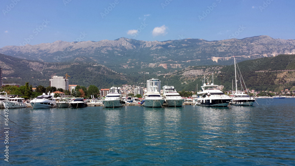 Naklejka premium Budva, Montenegro - June 27, 2017: Boats, yachts in the beautiful Budva marina