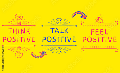 THINK POSITIVE, TALK POSITIVE, FEEL POSITIVE. Inspirational phrases on bright yellow background photo