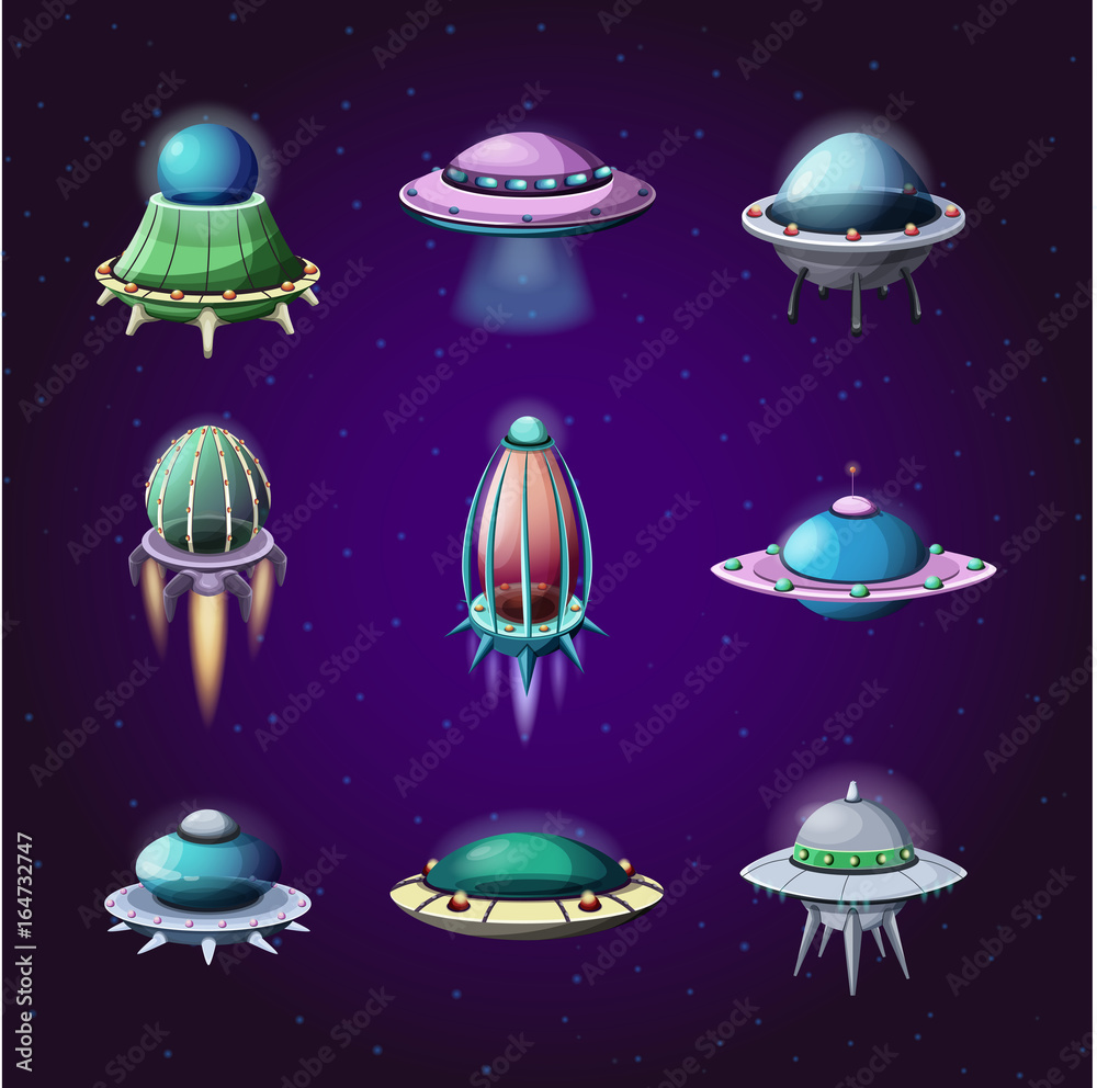 Set of cartoon rockets and alien spaceships Set of cartoon rockets and alien spaceships