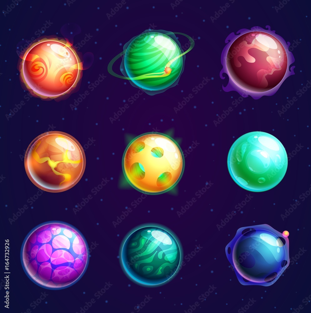 Set of isolated cartoon planets with satellites
