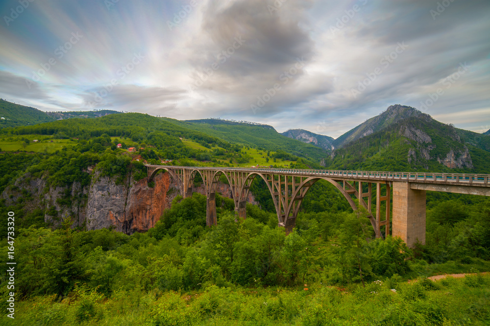 Durdevica arched Tara Bridge over green Tara Canyon at evening time - Montenegro