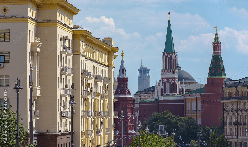 Untypical view of Moscow Kremlin and city centre from top of Tverskaya street