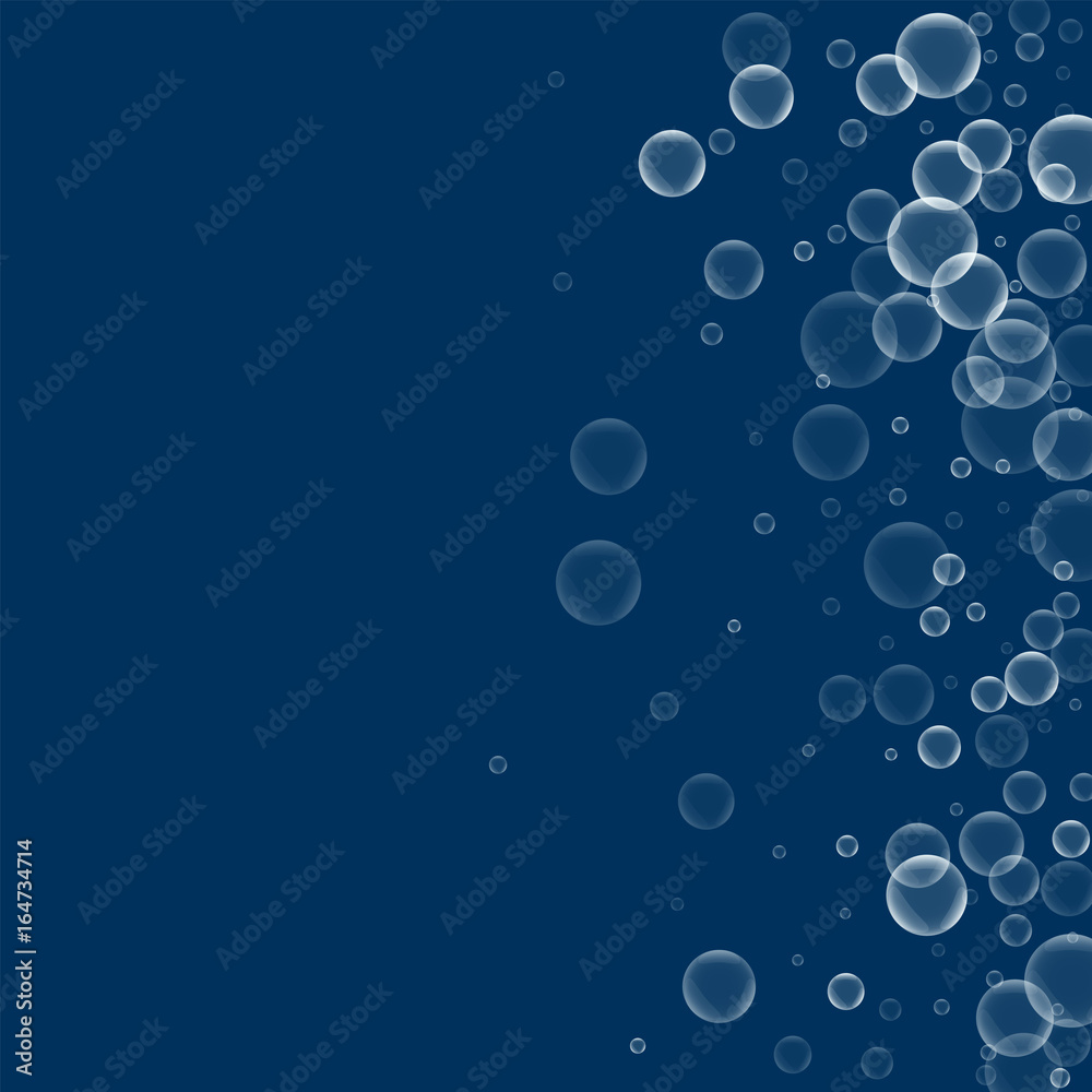 Random soap bubbles. Scatter right gradient with random soap bubbles on deep blue background. Vector illustration.