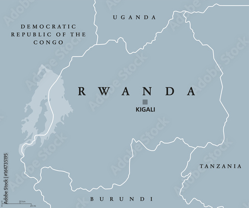 Rwanda political map with capital Kigali. Republic and sovereign state, located in Central and East Africa. Country in the African Great Lakes region. Gray illustration with English labeling. Vector.