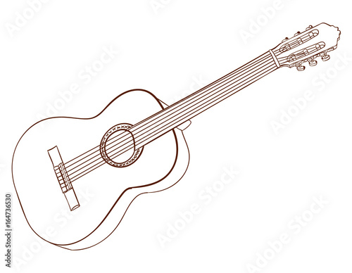Art of acoustic guitar isolated on white. Dark brown lines. VECTOR