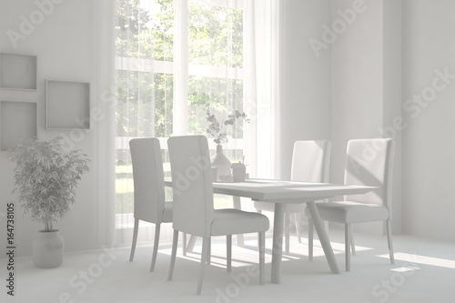 White dinner room with green landscape in window. Scandinavian interior design. 3D illustration © AntonSh