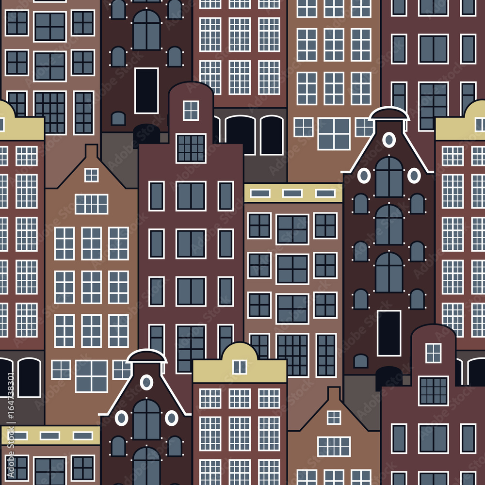 Seamless vector pattern of Dutch houses. Amsterdam city buildings