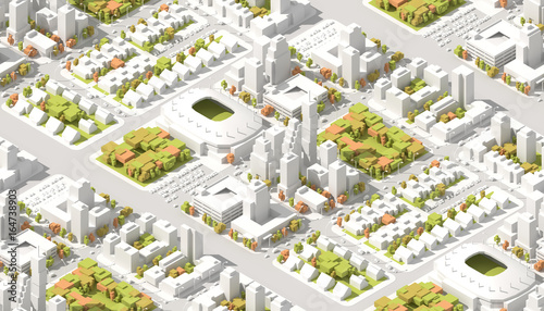 Architectural Isometric info graphic city streets with different buildings, houses, transport, shops and skyscrapers. 3D low poly style. Seamless texture.