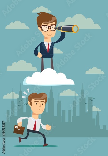 successful businessman with telescope on cloud . Business Vision Concept.