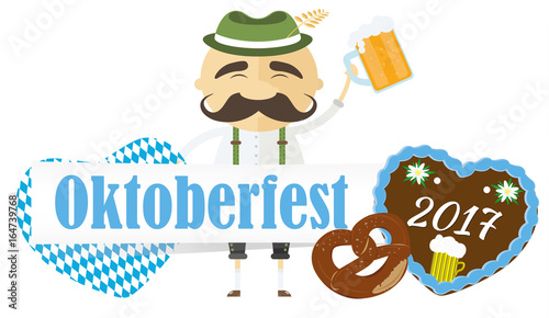 Oktoberfest 2017 -  Banner mit Bayer in Tracht, Bier, Brezel, Lebkuchenherz und Rauten
