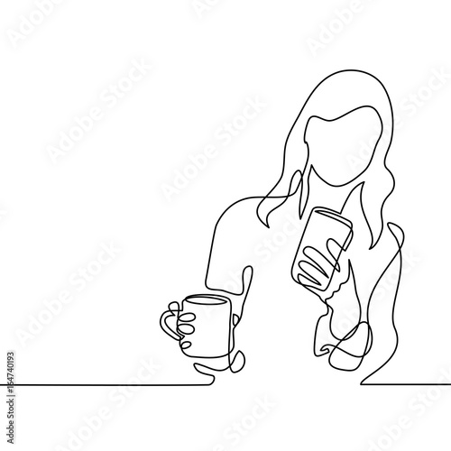 Continuous line drawing. Young woman looking smart phone and drinking coffee or tea. Vector illustration