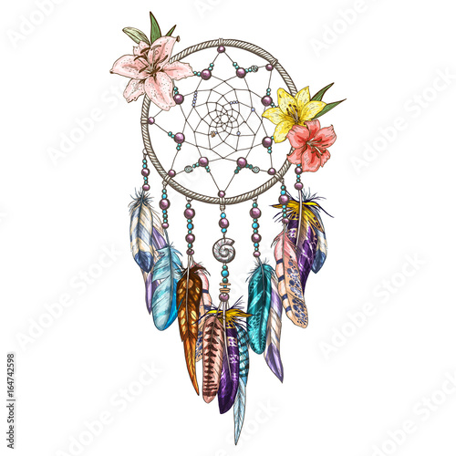 Hand drawn ornate Dreamcatcher with lily flowers. Astrology, spirituality, magic symbol. Ethnic tribal element.