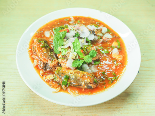 canned mackerel fish in tomato spicy salad