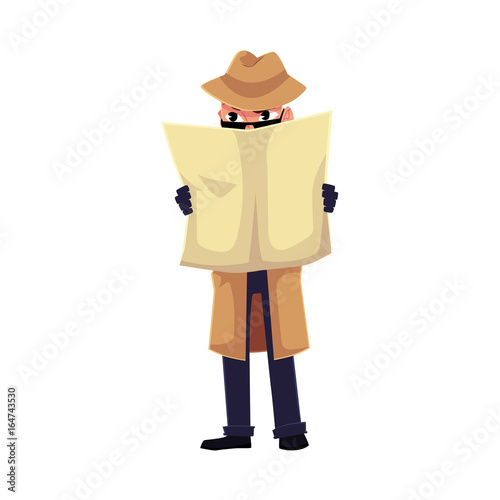 Comic detective character spying on somebody, hiding behind newspaper, cartoon vector illustration isolated on white background. Full length portrait of funny detective character at surveillance work