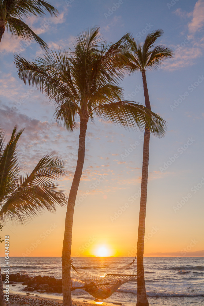 person laying in hammock between two silhouetted palm trees on Hawaiian beach at sunset. Two large palm trees frame hammock with sun setting in distance. Orange, yellow and pink hues