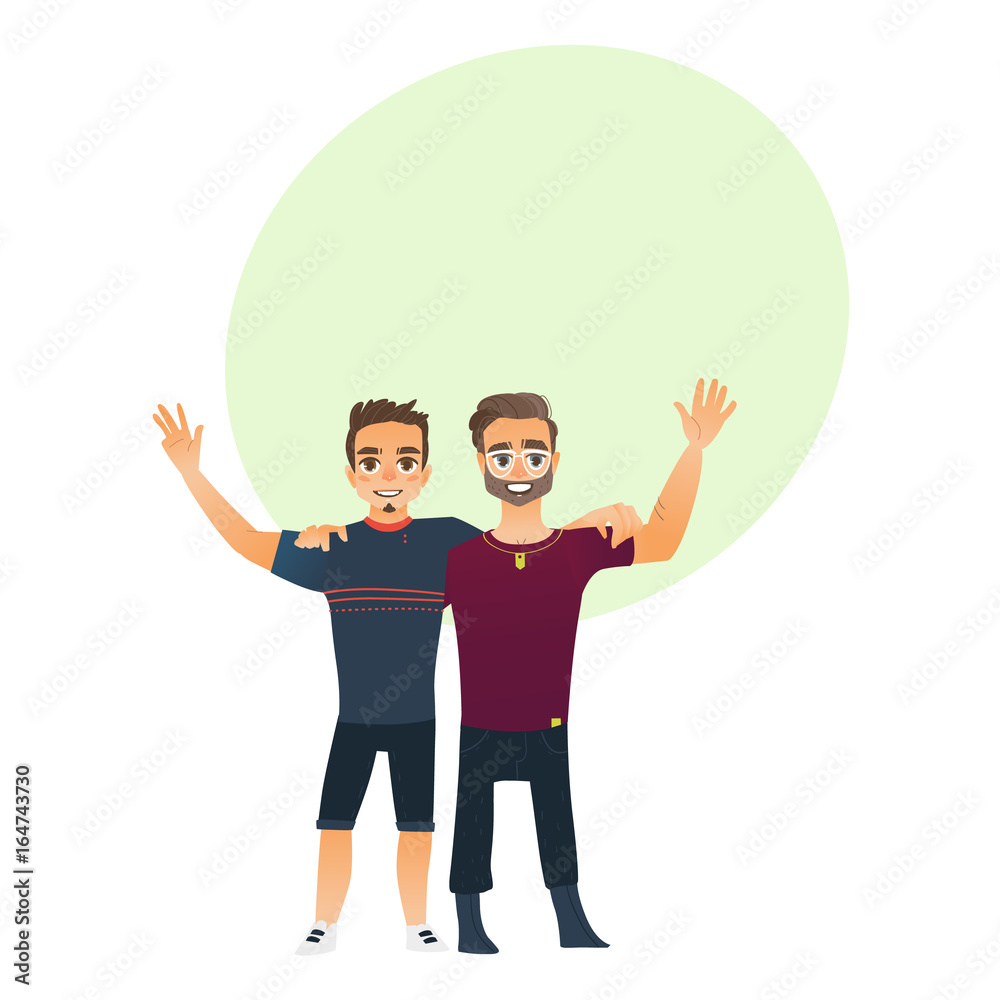 Male friendship - two boys, men, friends hugging each others, waving,  cartoon vector illustration with space for text. Front view portrait of  boys, men, friends standing, hugging each other Stock Vector |