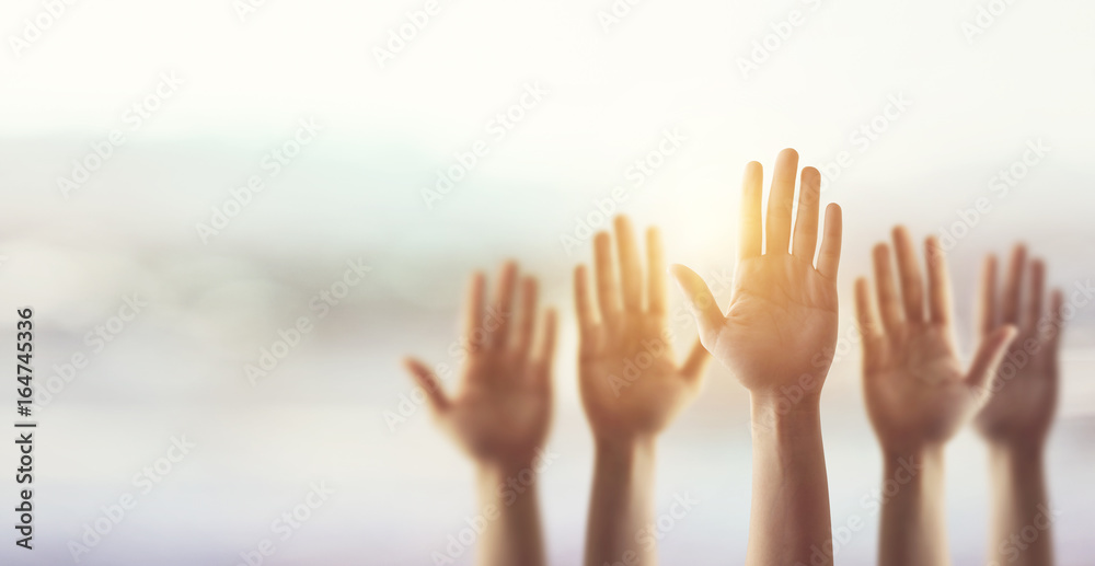 Silhouette, Raising Hands for Participation, many people's hands up. copy space