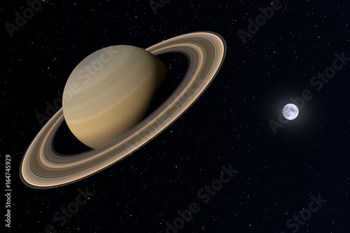 Fototapeta Naklejka Na Ścianę i Meble -  Im Orbit von Saturn. Der Saturn vor dem Hintergrund des Weltalls. Klein daneben ist die Erde zu sehen. erstellt in 3d.  