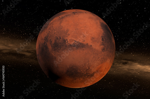 Der Mars im Weltall. Der Planet füllt die Mitte des Bildes. Im Hintergrund ein Nebel. Erstellt in 3D. Texturen der NASA