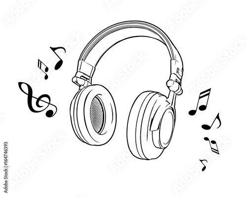 Vector illustration of a black and white headphones on a white background. photo