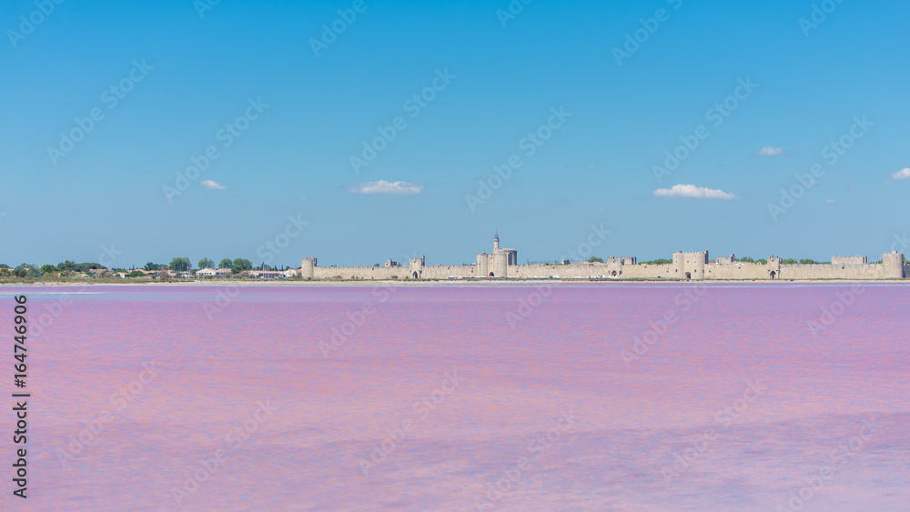      Aigues-Mortes, Salins du Midi, panorama with pink lake and Aigues-Mortes in background 