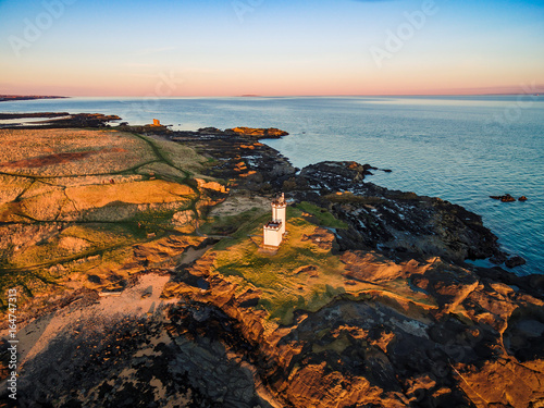 Aerial view of Elie Ness Lighthouse on the coast of The Kingdom of Fife. Scotland, UK