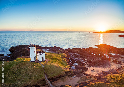 Aerial view of Elie Ness Lighthouse on the coast of The Kingdom of Fife. Scotland, UK