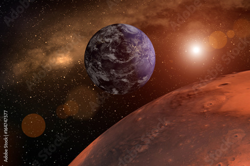Fototapeta Naklejka Na Ścianę i Meble -  Planetenverschiebung. Die Erde vor dem Nebel einer Galaxy mit Sonnen. Im Vordergrund der Mars ganz nah. Erstellt in 3D mit NASA Texturen.