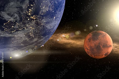 Obraz Bloodmoon lub Mars. Ziemia w lewym górnym rogu, czerwona planeta po prawej pośrodku. Słońce w prawym górnym rogu z odblaskiem. Utworzono w 3d. Tekstury NASA